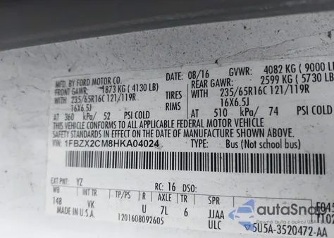 2017 Ford Transit Xl from USA, damaged, VIN 1FBZX2CM8HKA04024